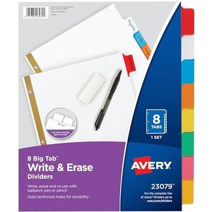 AVERY 8-Tab Binder Dividers, schrijven en wissen veelkleurige grote tabbladen, 6 sets, schoolmap organizers (23079) - 73079