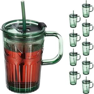 Relaxdays drinkglazen met handvat - set van 10 - rietje en deksel - sapglazen - 450 ml - groen