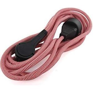 Textiel verlengsnoer rood/wit - met zwarte platte stekker - 5m (SCH)