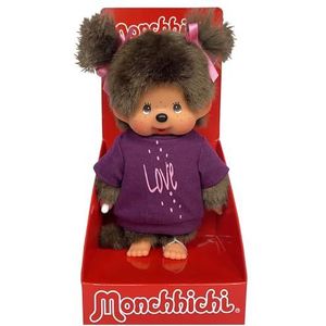 Sekiguchi 253814 - Origineel Monchhichi meisje met T-shirt 'Love' en strikjes in haar haar, ca. 20 cm hoog knuffel van bruin pluche