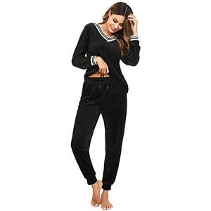 Irevial Nicki velours huispak, voor dames, lange winter, zachte pyjama, pak, set, tweedelig flanel, trainingspak, bovendeel en broek met zakken, zwart, XL