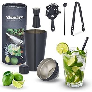 Relaxdays cocktail set - 5-delig - barmaatje - shaker - 500 ml - strainer - roerstaaf- rvs - zwart