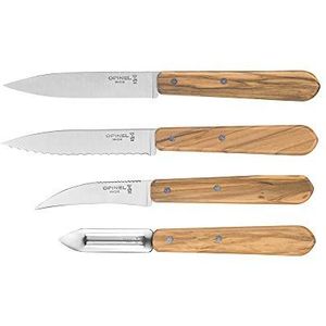Opinel 254458 Essentials keukenmessenset, 4-delig, roestvrij Sandvik stalen olijfhouten handgrepen, meerkleurig