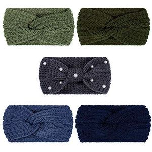 Whaline 5 stuks wintergebreide hoofdbanden, grof gebreide hoofdbanden, 4 elastische tulband hoofdwraps en 1 gehaakte parelhaarband, oorwarmers, gehaakte hoofdwraps voor vrouwen en meisjes (blauwgroene