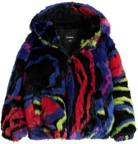 Regenboogbontjas - Multicolor - Korte Jas - Synthetisch Bont - Met Capuchon