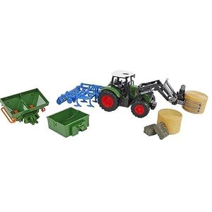 Kids Globe Tractor met accessoires 8-delig (groene bulldog met twee hooibalen, twee stroballen, kipper, voorlader, ploeg en zaaimand, landbouw, boerderij) 540479