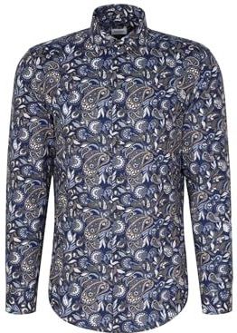 Seidensticker - Flanellen Herenhemd - Blauw - Slim Fit - Lange Mouwen - 100% Katoen