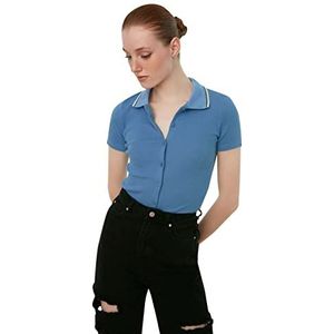 Trendyol Dames Blue Polo Collar Piping Gebreide Blouse, M