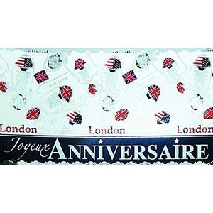 Panorama-kaart Happy Birthday, zilverkleurig, glanzend, gymschoenen, modieus, Engelse vlaggen, blauw, jeans, rood, sterren Londen U.K. New York U.S.A.