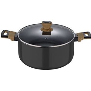 Bergner Earth Keukenpan, 28 cm met deksel, zwart, van geperst aluminium met ergonomische houten handgrepen, geschikt voor alle soorten keuken