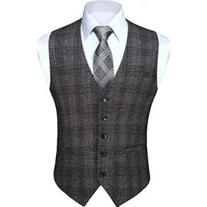 HISDERN heren geruite gilets, formeel klassiek geruit gilet, casual tartan pak vest met zakken voor bruiloft, Grijs