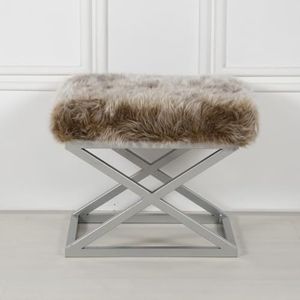 Atelier Del Sofa Stijlvolle poef met metalen frame, 50 cm breed, 42 cm hoogte, 40 cm diepte, 100% polyester babygezichtstof in zilver en bruin, perfect voor moderne woonruimtes