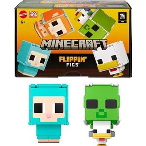 Mattel Minecraft Geflipte Figuren Schaap en Kip Figuren Set van 2, met 2-in-1 fidgetspeelgoed, grote hoofden en pixelontwerp HXK17