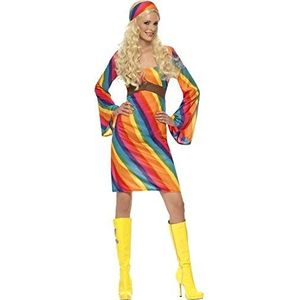 Smiffys, 22442, dames regenboog hippie kostuum, jurk en haarband, maat L X-Large Meerdere