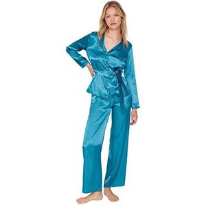 Trendyol Dames effen midden geweven overhemd-broek pyjama set, Olie, 62