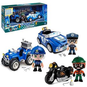 Pinypon Action Famosa 700015907 Voertuigset met quad, auto en motorfiets, 3 verschillende figuren, 2 politiepoppen en een dief, exclusief speelgoed, voor jongens en meisjes vanaf 3 jaar