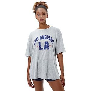 Koton Dames oversize T-shirt korte mouw ronde hals Los Angeles bedrukt, grijs gemêleerd (grm), S
