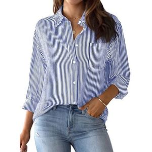 NONSAR Elegante blouse voor dames, lange mouwen, gestreepte blouse, overhemden met knopen, casual, kantoor, werk, blouse, katoen, tuniek, hemd, bovenstuk, tops, blauw, XL