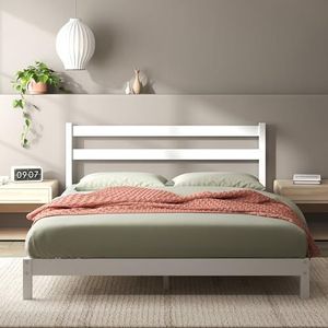 Zinus Robin Bed 140 x 200 cm, hoogte 20 cm, duurzaam bamboeplatform, bedframe met hoofdeinde, wit