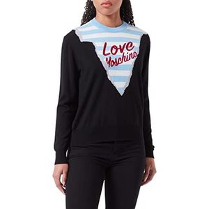 Love Moschino Dames Regular Fit Lange Mouwen Ronde Hals met Gestreept Patroon Mountain Profile Intarsia and Love Embroidery Pullover Sweater, zwart, 42