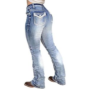 Flamingals Dames bootcut jeans trendy buikcontrole jeans stretch rechte pijpen skinny jeans, Mid Blauw, L