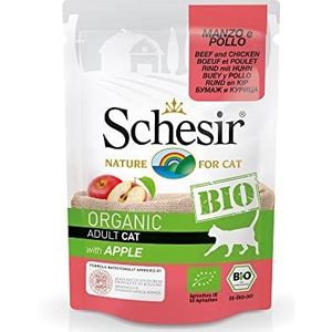Schesir Cat Bio Adult rund en kip met appel, kattenvoer nat, 16 zakjes x 85 g