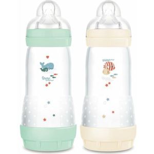 mam | Set van 2 Easy Start Anti-koliek babyflessen 4 maanden snelle doorstroming (2 x 320 ml) mint katoen - flesje ter vermindering van koliek en ongemak van de baby - babyfles geschikt voor