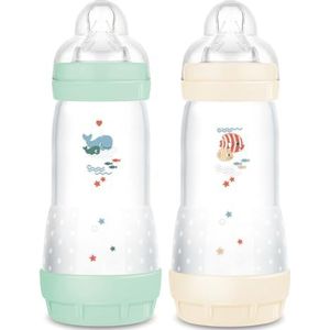 mam | Set van 2 Easy Start Anti-koliek babyflessen 4 maanden snelle doorstroming (2 x 320 ml) mint katoen - flesje ter vermindering van koliek en ongemak van de baby - babyfles geschikt voor