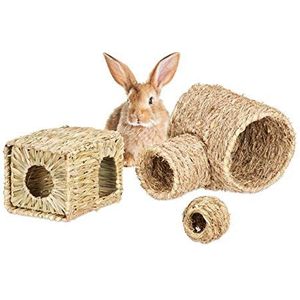 Relaxdays konijnen speelgoed, set van 3, grashuisje, hooi tunnel, cavia speeltjes, kooi accessoires knaagdieren, natuur