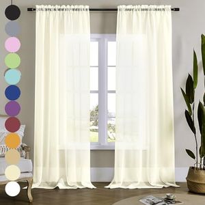 MYSTIC-HOME Sheer Gordijnen 84 inch lang, Rod Pocket Sheer Drapes voor Woonkamer Slaapkamer 2 Panelen, 132 x 216 cm, Semi Crinkle Voile Raambehandelingen voor Tuin, Patio, Villa, Parlor, Beige