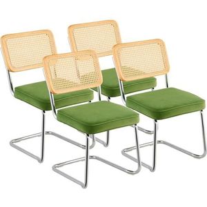VEVOR Set van 4, Mid Century Modern, gestoffeerd fluwelen accent rotan rug, retro eetkamer keuken stoel voor woonkamer, slaapkamer, leeskamer, kantoor, groen, 45 x 57 x 83,5 cm