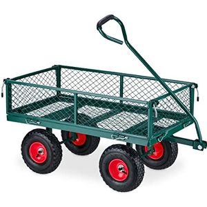 Relaxdays bolderkar, handige transportkar voor tuin, luchtbanden, draagvermogen 200 kg, bolderwagen staal, groen-rood