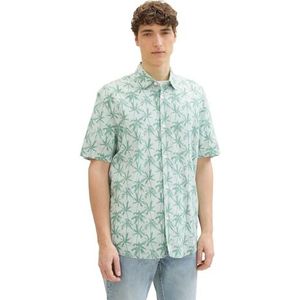 TOM TAILOR Denim Herenoverhemd met korte mouwen, relaxed fit, met palmenpatroon, 35588 - Green Summer Palm Print, L