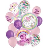 Folat 63621 Ballonnen set eenhoorn-roze regenboogkleuren latex en folie helium ballonnen 13 stuks inclusief ballonband-eenhoorn-decoratie voor kinderen, verjaardag, themafeest, meerkleurig
