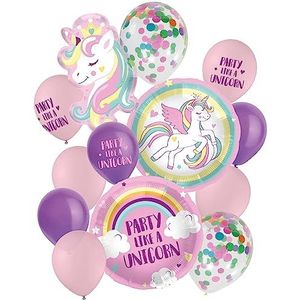 Folat 63621 Ballonnen set eenhoorn-roze regenboogkleuren latex en folie helium ballonnen 13 stuks inclusief ballonband-eenhoorn-decoratie voor kinderen, verjaardag, themafeest, meerkleurig
