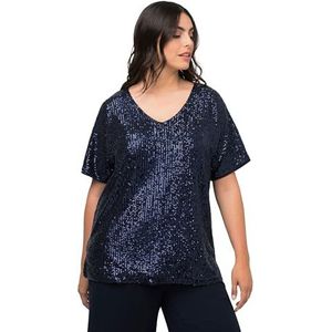 Ulla Popken Dames paillettenshirt met aangesneden mouwen T-shirt, marineblauw, 58/60 Grote maten