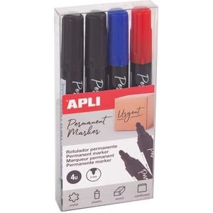 APLI 19685-4 x permanente marker met ronde punt, 3 mm, 2 x zwart, 1 x blauw, 1 x rood, meerdere oppervlakken.