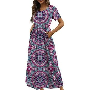 CHERFLY Zomerse maxi-jurk voor dames, casual, elegant, vrijetijdsjurk, korte mouwen, met zakken, bloemenmix roos, XL