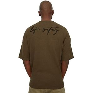 Trendyol Heren Heren Overmaatse standaard ronde hals geweven T-shirt, kaki, S, kaki, S