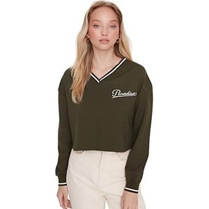Trendyol Dames V-hals met slogan regular sweatshirt, Kaki, XL