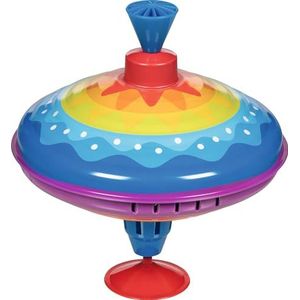 goki 53778 - Brumtol kleurentans van plaatstaal, kleurrijke tol brengt vreugde en plezier in de kinderkamer, klassieke draaischommel met standaard, 21 cm hoog, vanaf 1 jaar