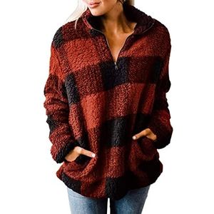 ZESICA Dames geruite lange mouwen rits Sherpa fleece sweatshirt pullover jas jas, Oranje Rood, L
