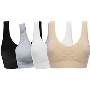 Sportbeha voor dames, lage impact, meerkleurig, maat 3XL, Verpakking met 4 stuks, zwart, wit, beige, grijs, 3XL