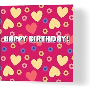 Wuzci ""Happy Birthday!"" Hartjes, bloemen en leuke verjaardagskaart, 150 mm lengte x 150 mm breedte