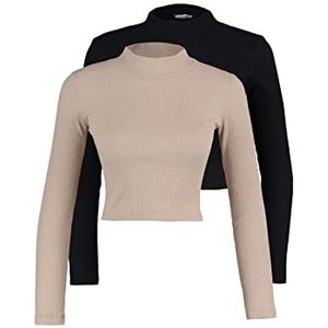 Trendyol Dames vrouw normale standaard ronde hals gebreide blouse shirt, zwart/steen, XL, Zwart/Steen, XL