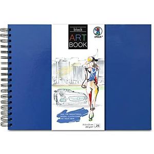 Ursus 25310034 - Kunstboek Zwart, 200g/m² met stevige spiraalbinding, waterafstotende harde kaft in donkerblauw, beschermt kunstwerken en handgeschreven schetsen.