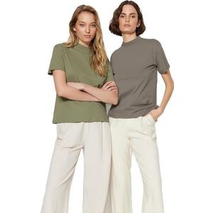 Trendyol Dames oliegroen en grijs steile kraag 2 Pack Basic gebreid T-shirt, mint, klein