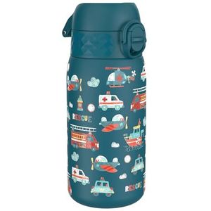 Ion8 Roestvrijstalen Kinderwaterfles, 400 ml/13 oz, Lekvrij, Makkelijk te Openen, Veilige Vergrendeling, Vaatwasserbestendig, Flipdop, Draaggreep, Duurzaam, Metalen Drinkfles, Brandweerwagen Design