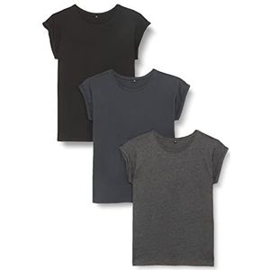 Build Your Brand Dames T-Shirt Multipack Ladies Extended Shoulder Tee 3-pack verkrijgbaar in vele kleurvarianten, maten XS - 5XL, Blk/Nvy/Char, XL