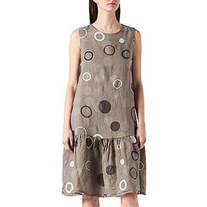 Bonateks, Middellange ronde kraag jurk met print en gekrulde onderkant, 100% linnen, DE-maat: 40 US maat: L, mol - Made in Italy, beige, 40